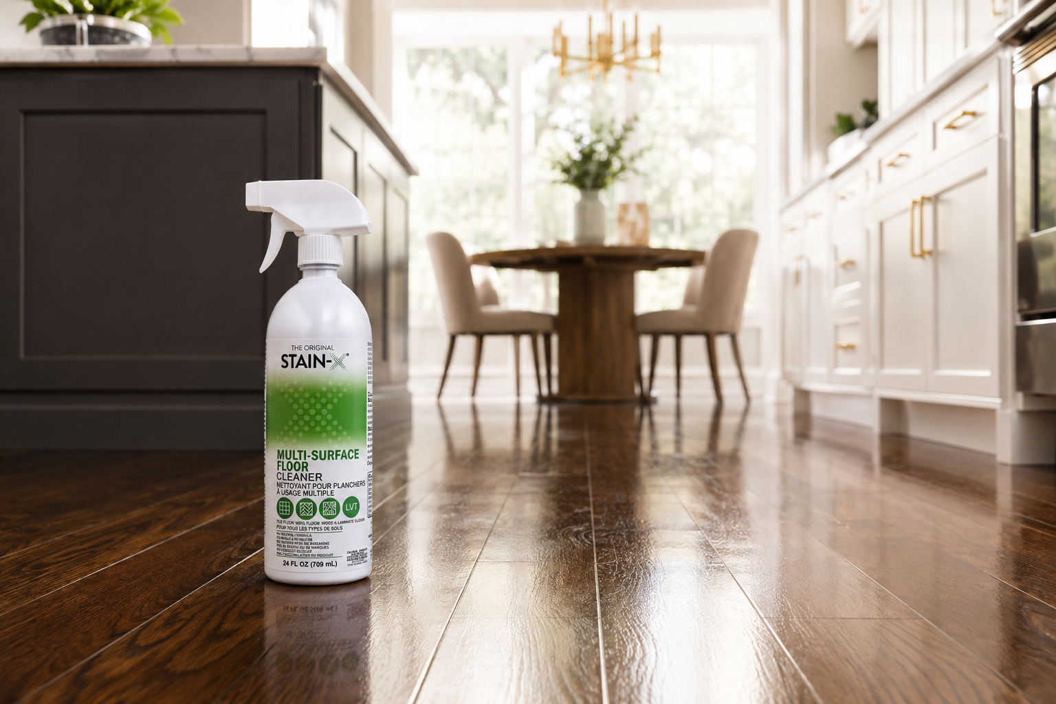 Stain-X hard Surface Floor Cleaner 24 oz bottle on wood floor