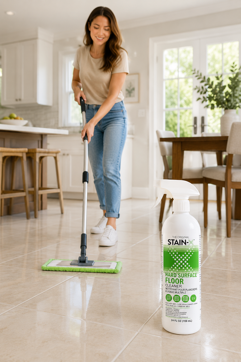 Stain-X Hard Surface Floor Cleaner Lifestyle Shot of a woman using a microfiber mop