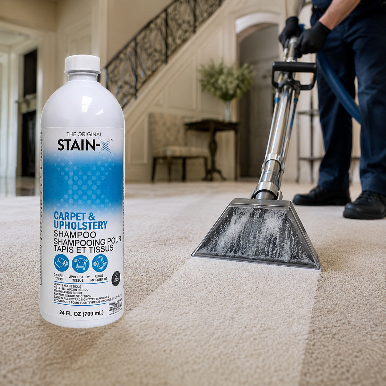 Stain-X Carpet & Upholstery Shampoo being used in a steam extraction machine