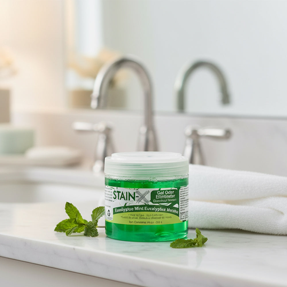 Stain-X Gel Odor Eliminator Eucalyptus Mint on a bathroom counter