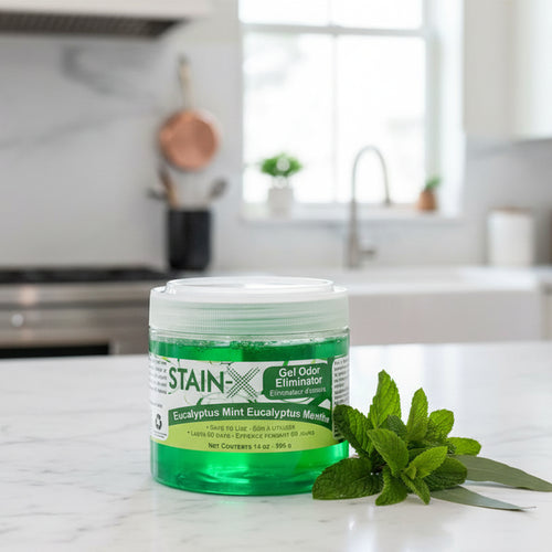 Stain-X Gel Odor Eliminator Eucalyptus Mint on a kitchen counter