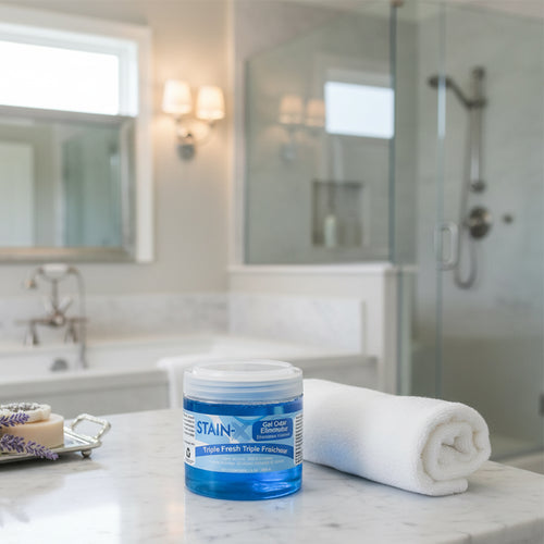 Stain-X Gel Odor Eliminator Triple Fresh on a bathroom counter