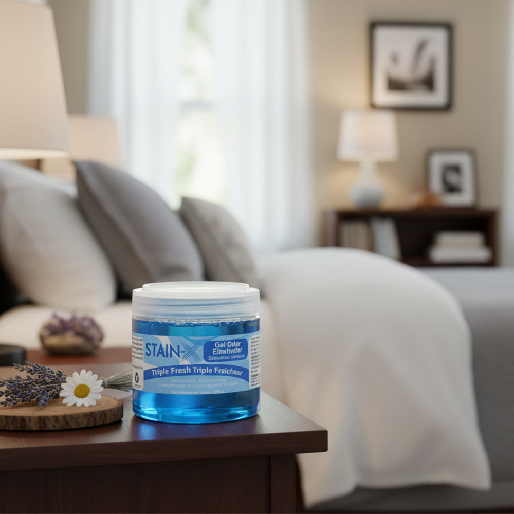 Stain-X Gel Odor Eliminator Triple Fresh on a bedroom night stand