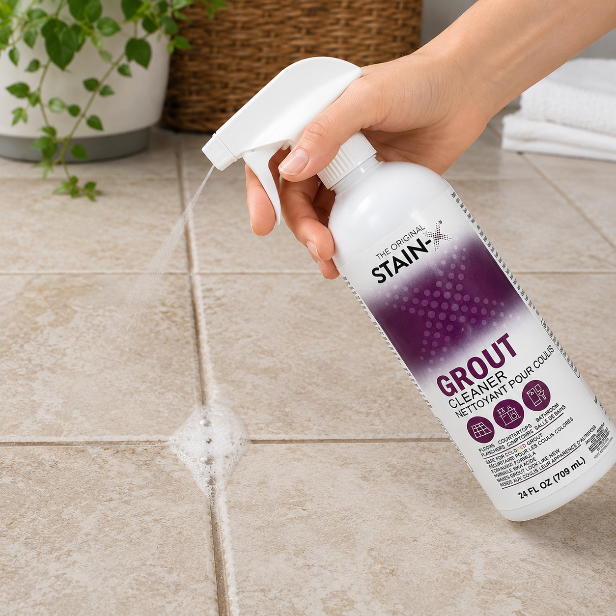 Stain-X Grout Cleaner 24 oz being sprayed on a grout line on a tile floor