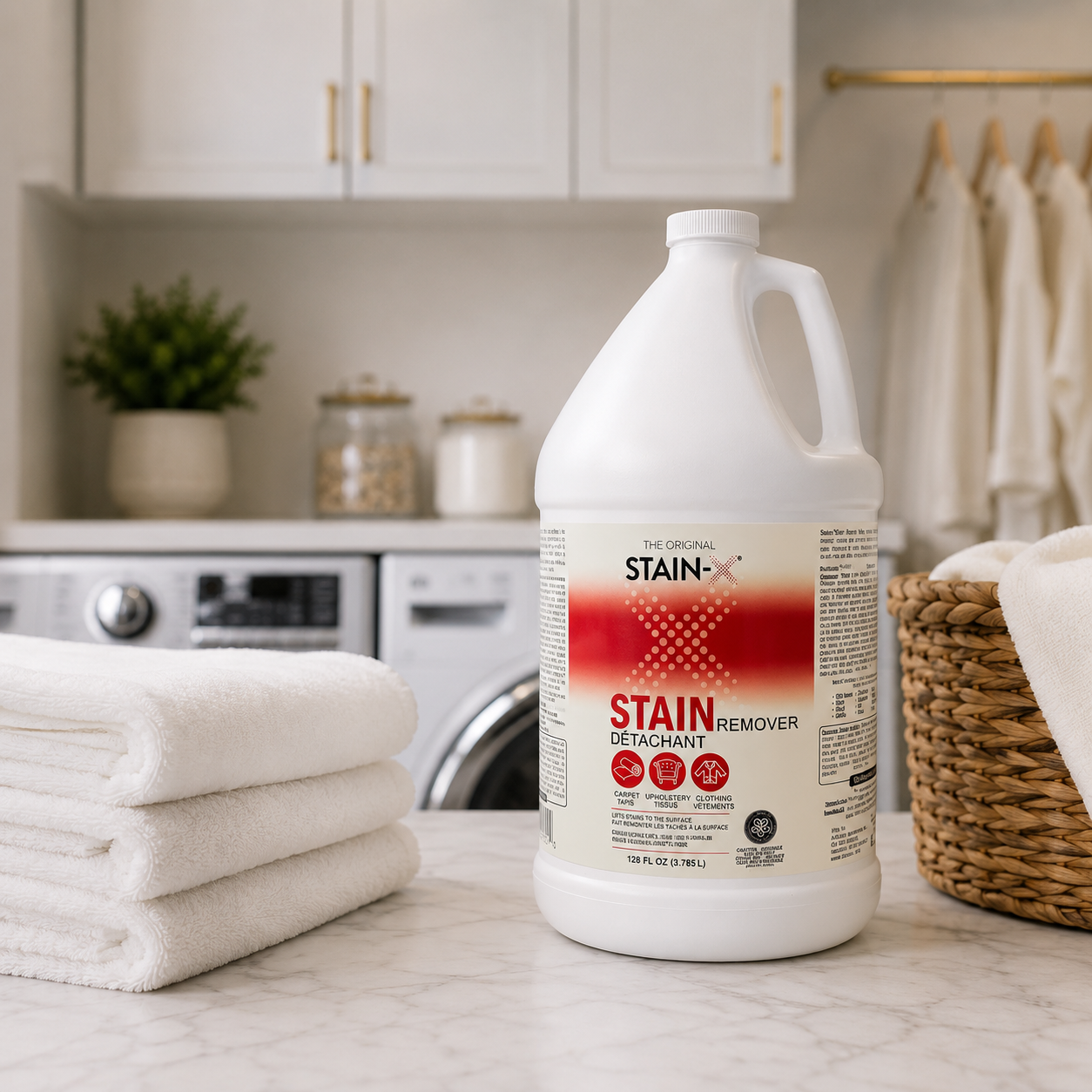 Stain-X Stain Remover Gallon on a laundry room counter
