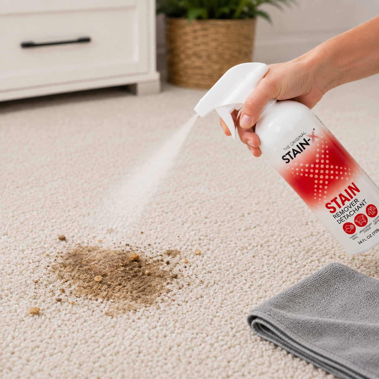 Stain-X Stain Remover being sprayed on a carpet stain