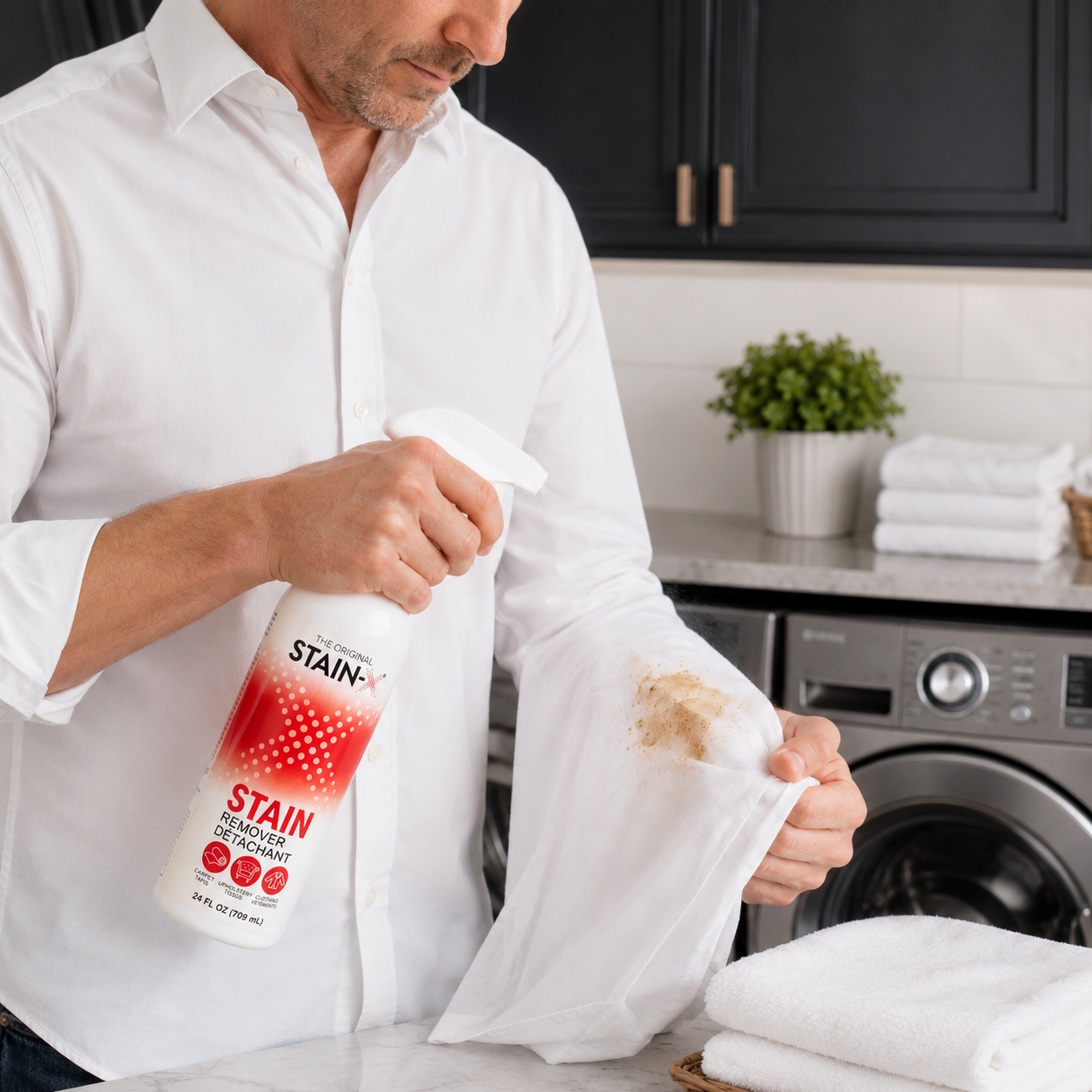 Stain-X Stain Remover being sprayed on a mans shirt stain